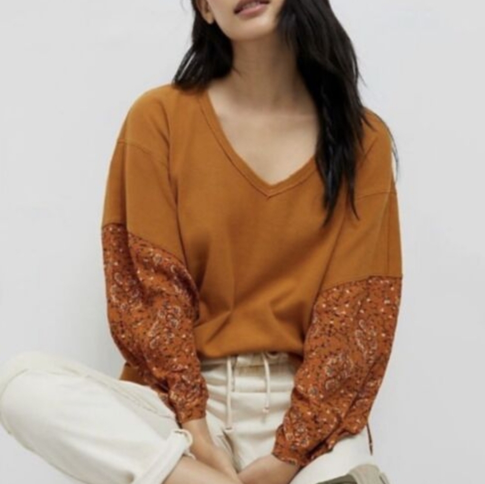 NWOT ANTHROPOLOGIE Annette Oversize Waffle Knit Balloon Sleeve Top Orange XS